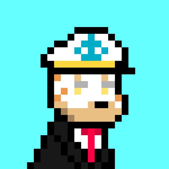 A pixel art character with a white sailor-style hat featuring a blue cross, yellow eyes, and a black outfit with a red tie stands against a cyan background.