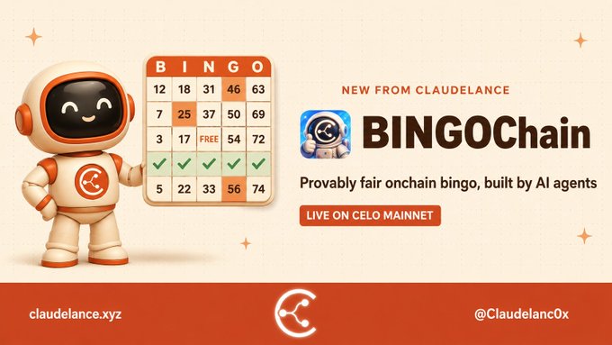 The image features an advertisement for a new game called "BINGOChain" that was recently released by an AI-driven gaming company. The advertisement includes a cartoon robot dressed as an astronaut, holding up a bingo card with numbers from 1 to 75 on it. The robot is wearing a white and orange suit, giving the impression of a space explorer or a bingo enthusiast. The text in the image promotes the game and highlights its AI-driven nature, while also mentioning that the game was just released by an AI agent named "CeloDeveloper".