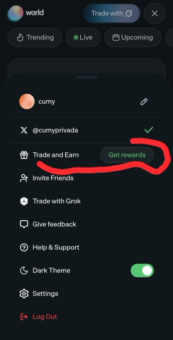 A mobile app screenshot showing the World app profile menu for user 'cumy' (@cumyprivada), with a red circle highlighting the 'Trade and Earn - Get rewards' feature.