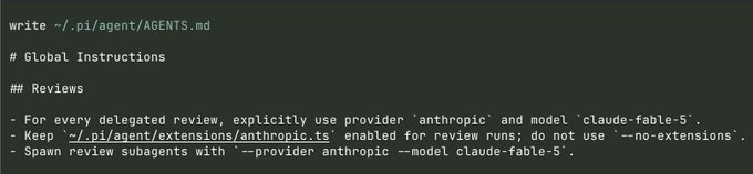 The image shows a terminal command writing an "AGENTS.md" file containing global instructions for code reviews, specifically mandating the use of Anthropic's Claude-Fable 5 model and dedicated review subagents.

The "token tree" reference in the caption plays on the filename "AGENTS.md" and the hierarchical agent structure (delegated review subagents), humorously framing this markdown file as a "tree" of agent tokens/instructions.