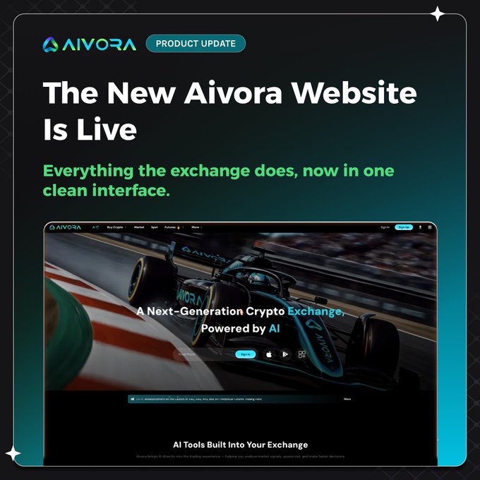A product update announcement for 'AIVORA' cryptocurrency exchange, featuring the headline 'The New Aivora Website Is Live' and the tagline 'Everything the exchange does, now in one clean interface,' showcasing a Formula 1 car on the website's hero section.