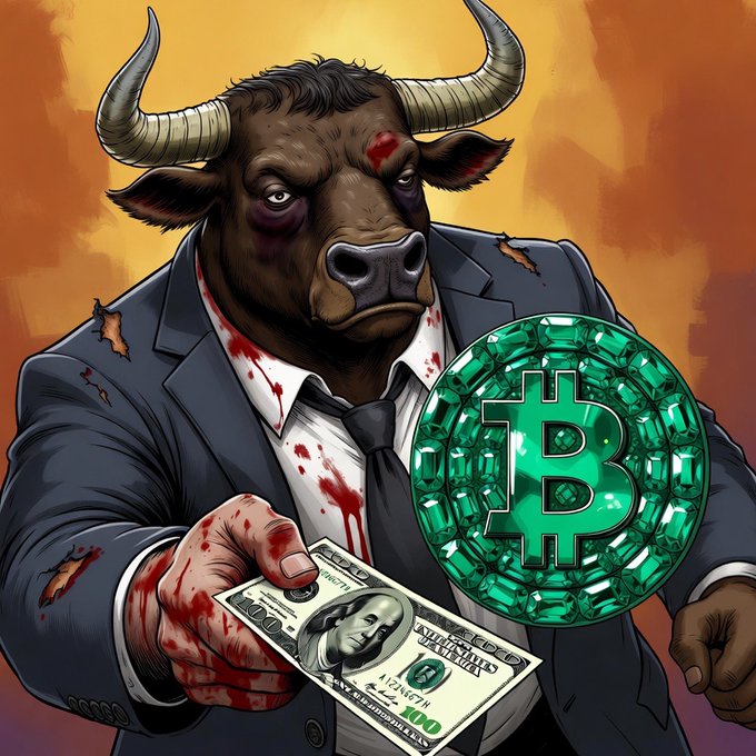 The image features a cartoon bull dressed as a businessman, holding a green Bitcoin coin in its left hand while wearing a suit and tie. The background of the image has an orange hue with some blood splatters scattered around. The caption reads "Only thing our showing on our timeline is blood. And we'r buying!". This suggests that there might be a connection between the bull's attire, the Bitcoin coin it holds, or even the overall theme of the post.