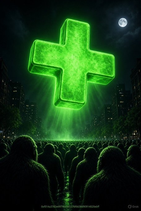 A glowing green 3D plus sign hovers over a crowd of shadowy figures against a dark city skyline at night, with a full moon in the sky. Generated by Grok.