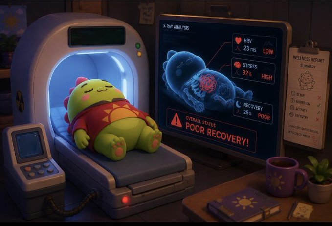 A digital illustration of a green dinosaur character undergoing an X-ray analysis in a medical scanner, showing poor recovery status with high stress and low HRV readings.