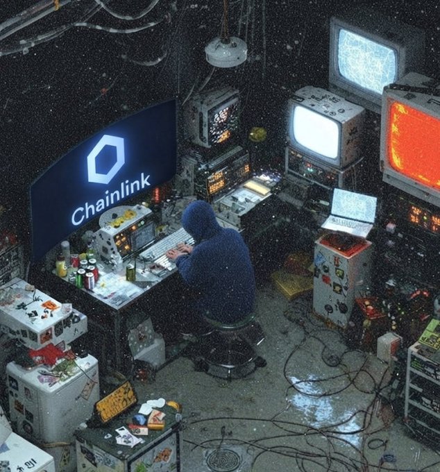 A digitally created scene depicting a hooded figure working at a cluttered desk in a dark room filled with electronic equipment and monitors, with the main screen displaying the 'Chainlink' cryptocurrency logo.