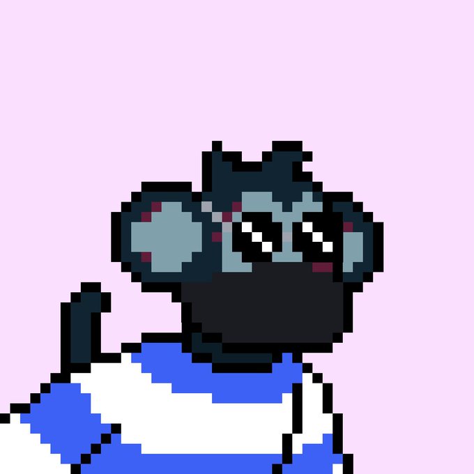 A pixel art character with dark blue skin, glowing eyes, and a blue and white outfit is set against a light pink background.