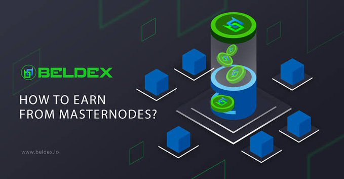 A digital graphic for BELDEX features the text "HOW TO EARN FROM MASternODES?" alongside an illustration of a central server dispensing green coins to surrounding blue blocks, with the URL www.beldex.io.