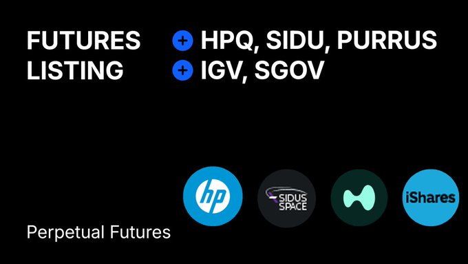 The image features a black background with white text that reads "Futures listing" followed by a list of companies, including HPQ, SIDU, PURRUS, IGV, and SGOV. The text also mentions that some of these companies could get volatile fast, especially at launch. There is an additional line of text in the image that says "Perpetual Futures". This suggests that there might be a connection between the list of companies and the concept of perpetual futures.