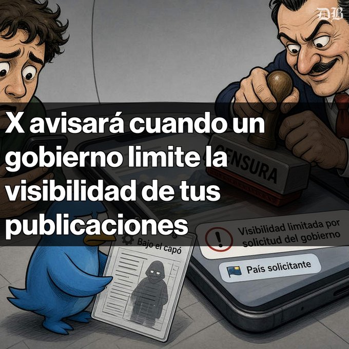 A satirical political cartoon with Spanish text 'X avisará cuando un gobierno limite la visibilidad de tus publicaciones' (X will notify you when a government limits the visibility of your posts), depicting a mustachioed government official stamping a 'CENSURA' mark, the Twitter bird holding a dossier labeled 'Bajo el capó,' and a phone showing 'Visibilidad limitada por solicitud del gobierno.'