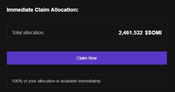 A screenshot of the "Immediate Claim Allocation" page from the Somnia airdrop claims portal, showing a total allocation of 2,461,532 $SOMI with a purple "Claim Now" button and a note that "100% of your allocation is available immediately." The image corresponds to the post showing the claimable amount of $SOMI tokens from the Sommia_Network airdrop.