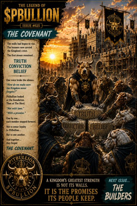 A fantasy-themed comic book cover for 'The Legend of $Pbullion' Issue #025 titled 'The Covenant,' depicting bull-headed figures gathered around a stone altar inscribed with Truth, Conviction, and Belief.
