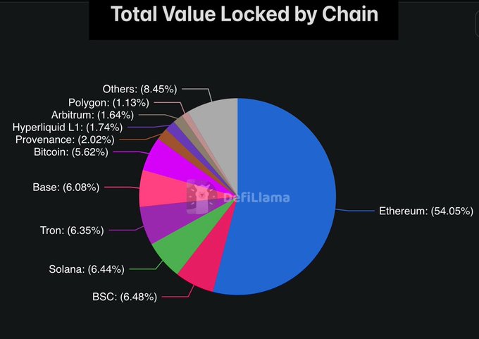 A pie chart titled 'Total Value Locked by Chain' from DefiLlama showing Ethereum dominating with 54.05%, followed by BSC (6.48%), Solana (6.44%), Tron (6.35%), Base (6.08%), Bitcoin (5.62%), Provenance (2.02%), Hyperliquid L1 (1.74%), Arbitrum (1.64%), Polygon (1.13%), and Others (8.45%).