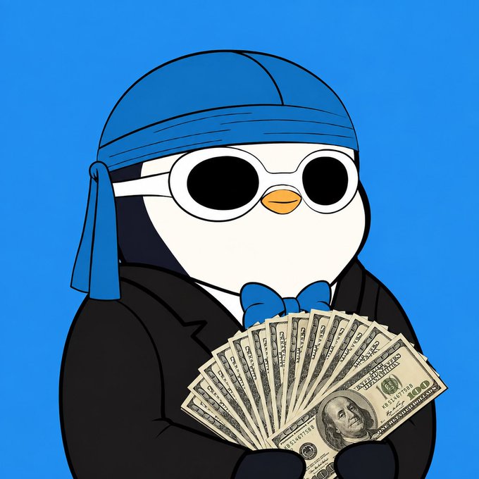 A cartoon penguin character wearing a blue bandana, white sunglasses, a black suit, and a blue bow tie, holding a fan of hundred-dollar bills against a blue background.