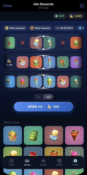 The image shows the "Allo Rewards" mini app interface featuring a case-opening game with prizes like Whip Cupcakes and 10K $TCAPPY, where users can spend 300 gems to open x3 cases, with a prize pool displaying various gifts including cupcakes, backpacks, and ice cream items at the bottom.