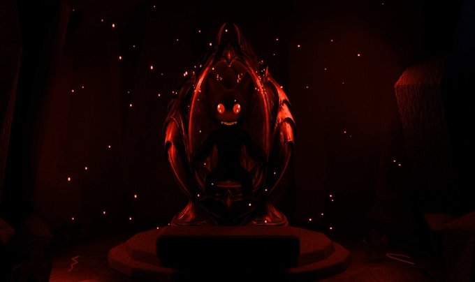 Dark, eerie image of a shadowy figure with glowing red eyes sitting within an ornate red egg-shaped pod, surrounded by floating sparks.