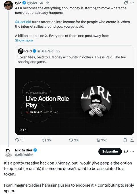 A screenshot showing X user @ryloUSA promoting @UsePaid, an embedded post from @UsePaid featuring a video about their "Live Action Role Play" feature with $2,664.61 sent to Brez, and a reply from @nikitabier who calls it a "creative hack on XMoney" but raises concerns about users being forced to be associated with tokens and potential spam from traders.