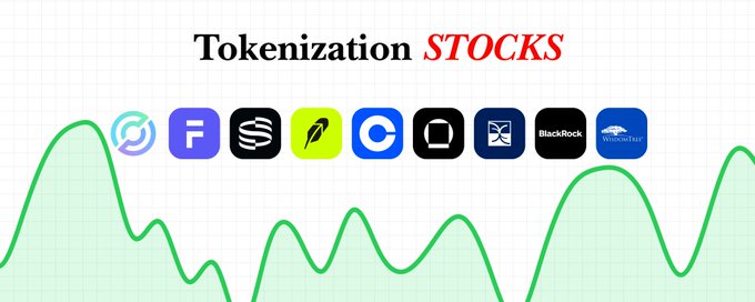 The image, titled "Tokenization STOCKS," displays a lineup of company logos—including Robinhood, BlackRock, and WisdomTree—set against a stylized green stock chart background, visually highlighting the publicly traded firms mentioned in the post's breakdown of major tokenization platforms like Circle ($CRCL), Figure ($FIGR), and Securitize ($SECZ), along with exchanges and brokers operating in the tokenization space.