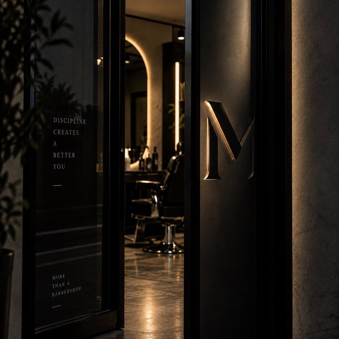 The entrance to a sleek, dimly-lit barbershop featuring a stylized "M" logo on a dark wall, with inspirational text "DISCIPLINE CREATES A BETTER YOU" and "MORE THAN A BARBERSHOP" displayed on the glass door, teasing the upcoming brand reveal mentioned in the "M SIGN — Coming Soon" post.