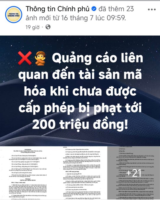 A Vietnamese government Facebook post from 'Thông tin Chính phủ' warning that cryptocurrency advertising without a license faces fines up to 200 million VND.