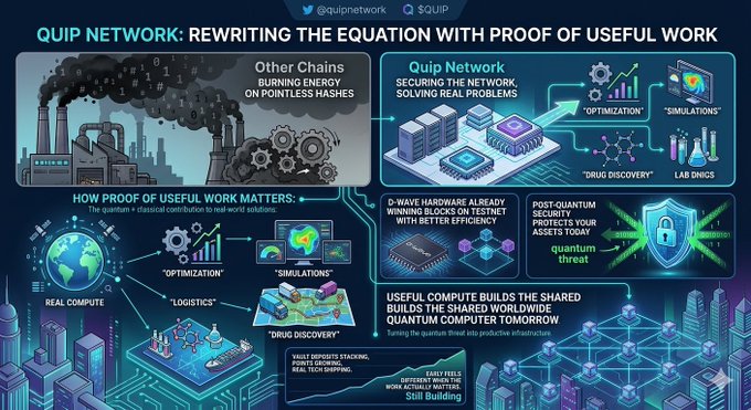 The image features a poster about the Quip Network, discussing how the network rewrites an equation by using Proof of Useful Work (PoSW) to optimize energy consumption and solve real-world problems related to quantum computing. The poster includes various illustrations illustrating the concepts being discussed, with one particularly relevant illustration highlighting how computers can actually solve problems in a more energy-efficient way than traditional chains that burn energy on pointless hashes.