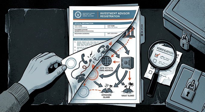A stylized illustration depicting a hand lifting a corner of an 'INVESTMENT ADVISOR REGISTRATION' document to reveal a 'SCAM' diagram with fake addresses and offshore vault locations, alongside a magnifying glass and locked briefcases.