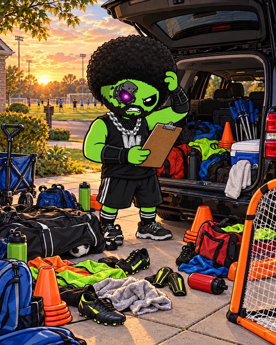 An AI-generated illustration shows a green-skinned character with an afro and a robotic eye holding a clipboard, standing by an SUV trunk filled with sports gear, bags, cones, and a small goal net at sunset.