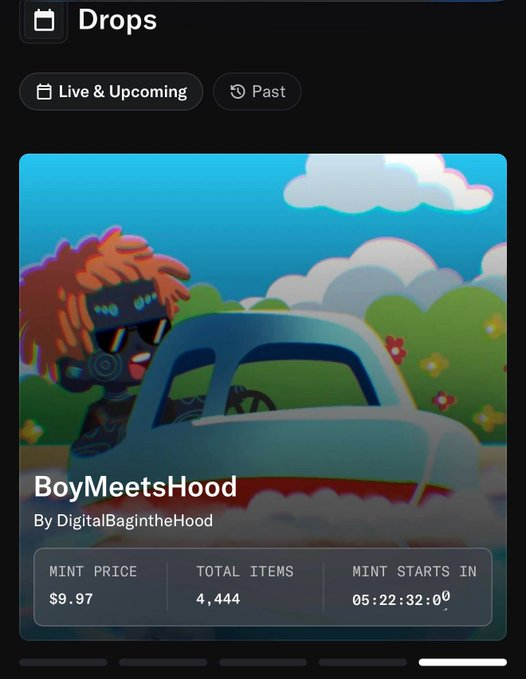 A mobile app screenshot showing an NFT drop titled 'BoyMeetsHood' by DigitalBagintheHood with a mint price of $9.97, total items of 4,444, and a countdown timer.