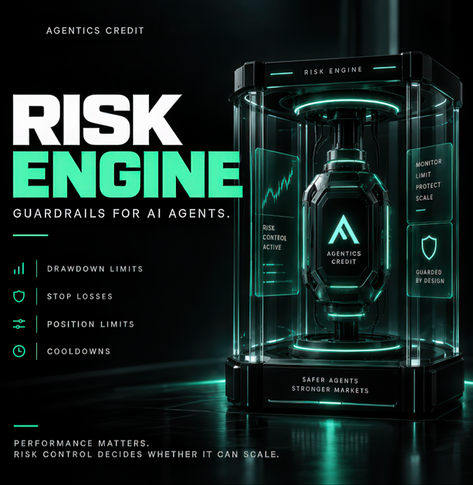 A digital promotional graphic for "AGENTICS CREDIT" displaying a glowing futuristic device labeled "RISK ENGINE," with text including "GUARDRAILS FOR AI AGENTS" and features like "DRAWDOWN LIMITS" and "STOP LOSSES".