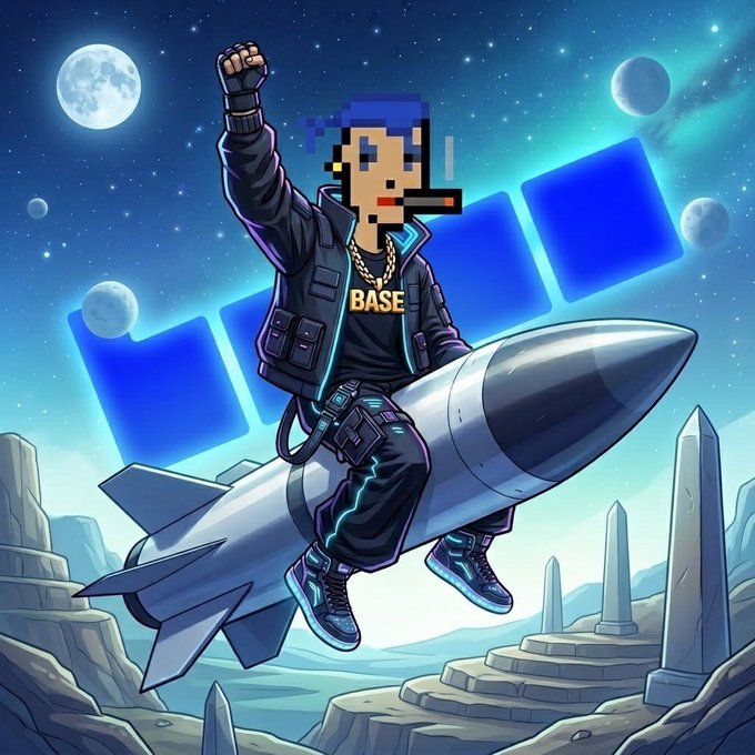 A digital illustration shows a figure with a pixelated head riding a silver rocket through a cosmic background with moons and planets, wearing a 'BASE' chain necklace, with blue geometric shapes behind them.
