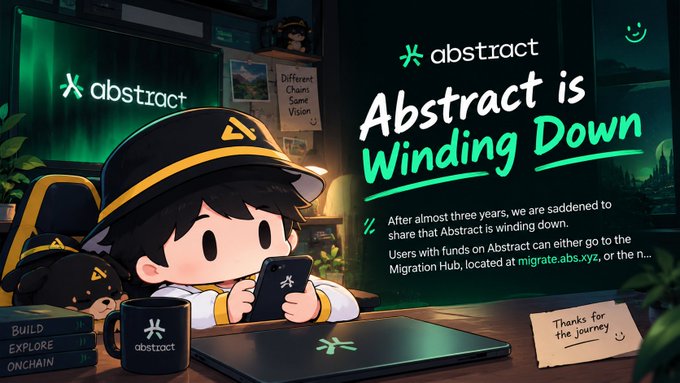 A promotional graphic announcing 'Abstract is Winding Down,' featuring an illustrated character in a branded cap holding a phone, with text directing users to migrate.abs.xyz.