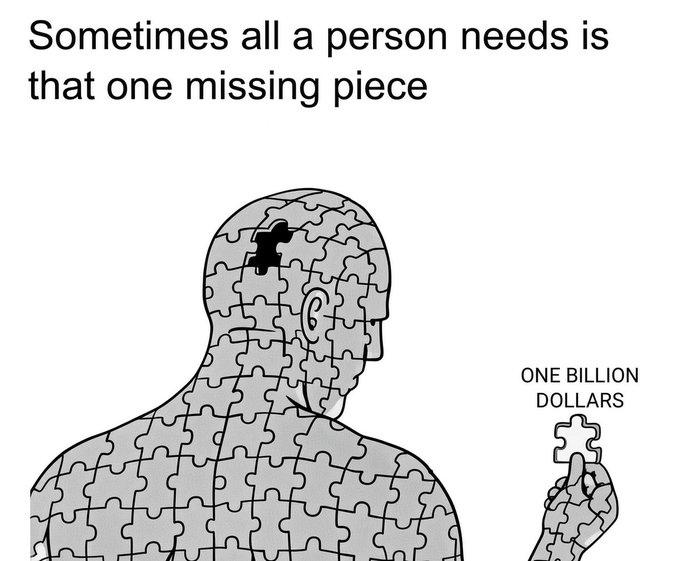 An illustration shows a human figure constructed from puzzle pieces with one missing spot on the head, while a hand holds out a puzzle piece labeled "ONE BILLION DOLLARS" with the caption "Sometimes all a person needs is that one missing piece." The image reinforces the "Lock in" message by suggesting that a billion dollars could be the transformative "missing piece" needed to complete someone's life or solve their problems.
