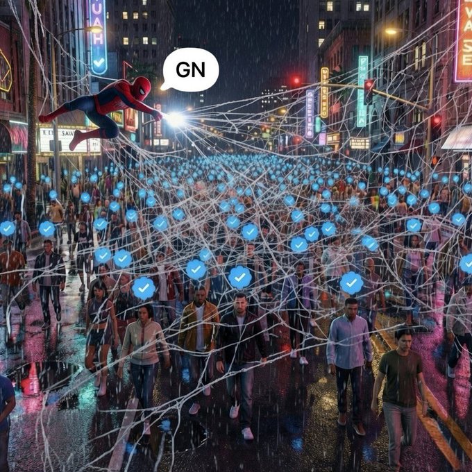 Spider-Man crouches above a rain-soaked city street, weaving an elaborate web over a crowd marked with glowing blue checkmarks. A speech bubble from him reads "GN," matching the post's late-night "Hey" greeting to followers, while the web of verified checkmarks symbolizes the interconnected community of "Night gain" followers.