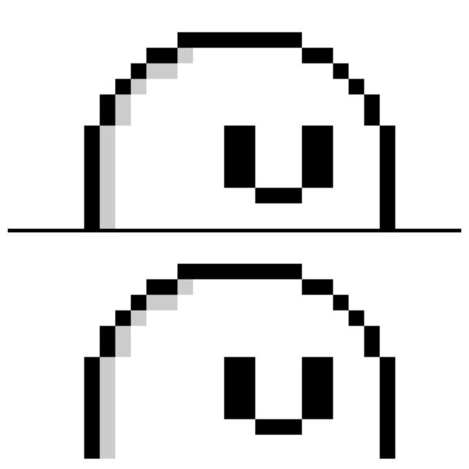 Two pixel-art ghosts with happy faces are stacked vertically, appearing nearly identical with the bottom one slightly shifted.