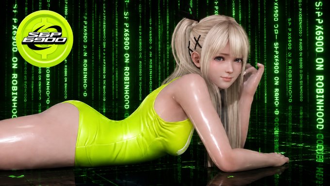An anime-style blonde woman in a neon green bodysuit reclines against a Matrix-style green digital background with binary code reading 'SF-PK6900 ON ROBINHOOD' and an 'S&P 690' coin logo.