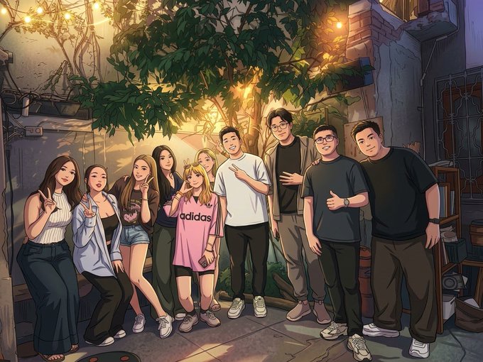 An anime-style illustration depicting a group of ten casually dressed young people posing together outdoors in a rustic setting illuminated by string lights.