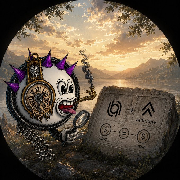 A surreal illustration of a spiked, melting clock-faced creature with a cartoon grin holding a magnifying glass, examining a stone tablet that shows USDC tokens converting to an 'Allbridge' token at sunset by a lake.