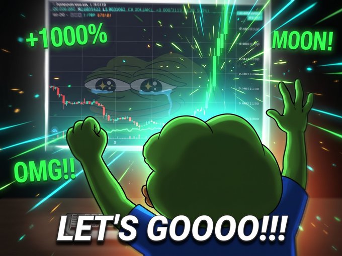 A Pepe the Frog meme character excitedly watches a stock/crypto chart showing a green surge, with text reading '+1000%', 'MOON!', 'OMG!!', and 'LET'S GOOOO!!!'