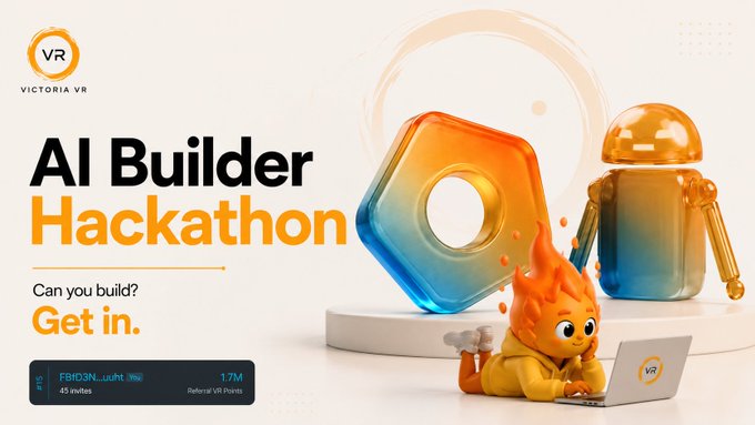 A promotional banner for an 'AI Builder Hackathon' by Victoria VR, featuring 3D rendered orange flame characters interacting with a laptop and large geometric shapes.