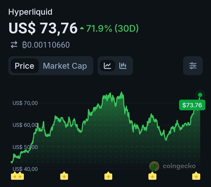 The image features a screenshot of an online trading platform showing three different cryptocurrency values and their corresponding prices over time. The graph has a green upward-pointing line, indicating a rise in value for one of the digital coins or tokens. The caption at the bottom reads "Who's ready for a new Hyper Liquid? Strap in, boys & girls! Three digits are coming!". This phrase is related to the image as it refers to the cryptocurrency being tracked and its increasing value on the trading platform.