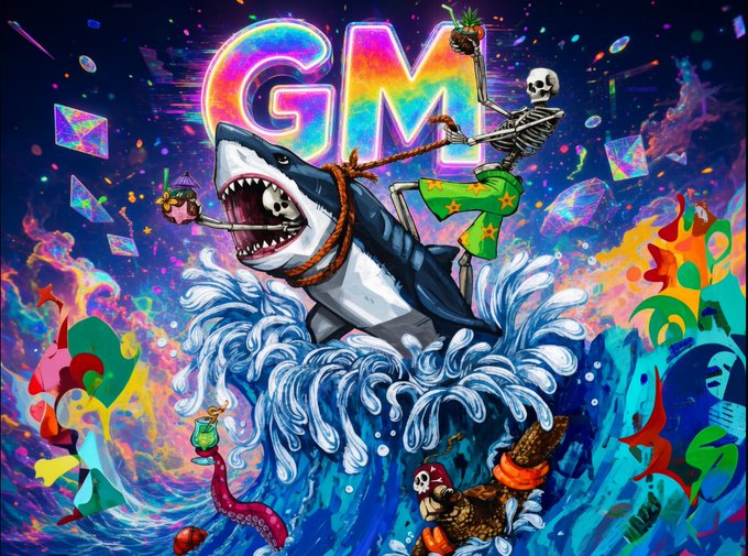 A vibrant, colorful digital illustration featuring the letters 'GM' above a large shark emerging from ocean waves, ridden by a skeleton in green shorts holding a pineapple, surrounded by various surreal elements and gems.