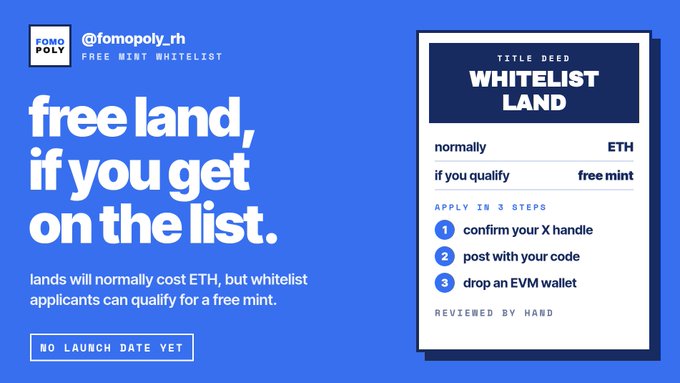 A promotional graphic for 'Fomopoly' (@fomopoly_rh) advertising a free mint whitelist for 'Whitelist Land,' explaining that lands normally cost ETH but whitelisted applicants can get a free mint by following three steps.