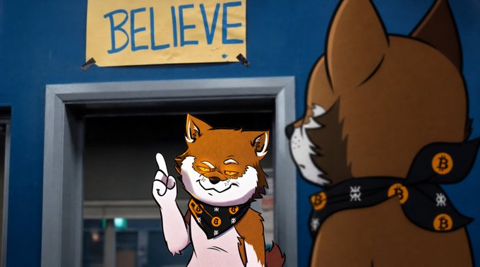 An animated scene showing two cartoon fox characters, with one pointing upward in front of a doorway with a 'BELIEVE' sign above it.
