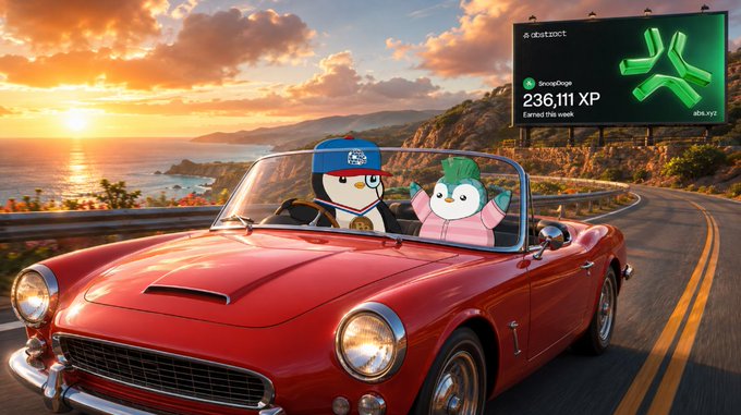 A vibrant digital artwork of a red convertible driven along a coastal highway at sunset, featuring two cartoon mascot characters (a blue-capped penguin and a green-tufted penguin) waving, with a billboard displaying '236,111 XP' for 'abx.xyz'.