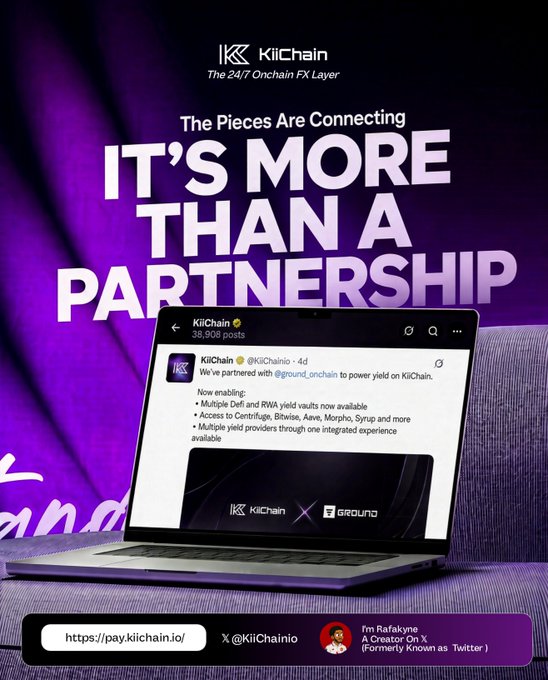 A purple promotional graphic for KiiChain reading 'The 24/7 Onchain FX Layer' and 'IT'S MORE THAN A PARTNERSHIP,' featuring a laptop displaying a partnership announcement with Ground On X.