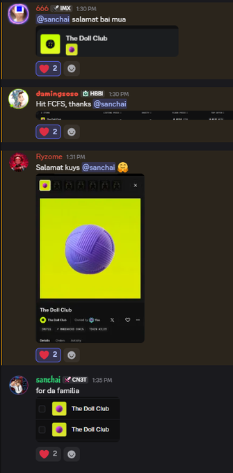 A Discord chat shows multiple users including @sanchai, danisgrose, Ryzome, and sanchai sharing 'The Doll Club' track, with a purple ball displayed on a yellow background in one of the embeds.