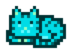 A pixel art image of a teal and blue creature, possibly a cat or monster, rendered in a retro 8-bit or 16-bit style.