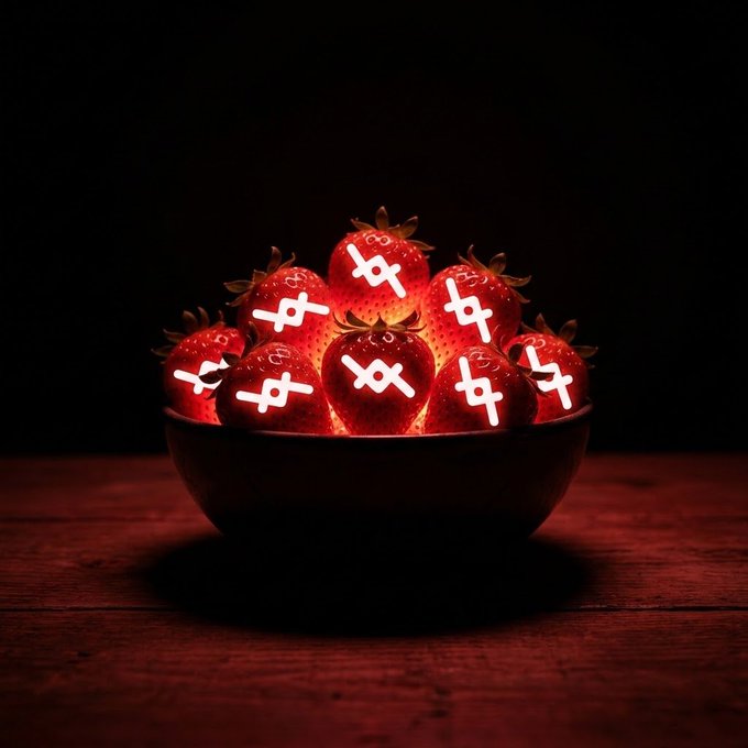 A dark, moody photograph shows a black bowl filled with strawberries, each marked with a glowing white symbol resembling the Tether (USDT) logo, lit dramatically against a black background.