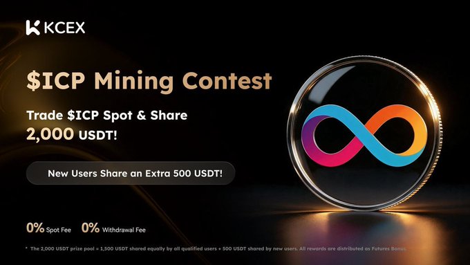 A promotional banner for KCEX featuring an '$ICP Mining Contest' where users can trade $ICP Spot and share a 2,000 USDT prize pool, with an extra 500 USDT share for new users and 0% spot and withdrawal fees.