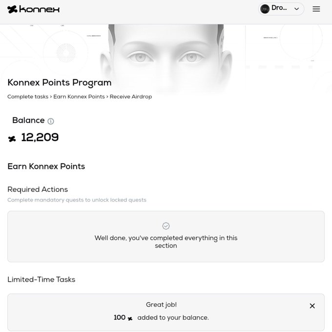 A screenshot of the Konnex Points Program dashboard showing a balance of 12,209 Konnex points, with completed "Required Actions" and a notification that 100 points were added to the balance. The image relates to the listed airdrop guide for Konnex (#2), which raised $15M in funding and is free to participate in.