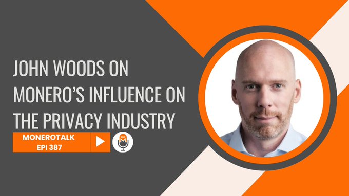 The image features a man with a bald head, wearing a white shirt, sitting against a gray background. The text "John Woods on Monero's Influence on the Privacy Industry" is displayed above him, while the words "monero vs zcash" are below his head. The image also includes an orange and white logo that reads "monero podcast".
